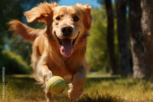A happy cute 5 year old Golden Retriever running around her grass yard by a tree, with her tongue hanging out.