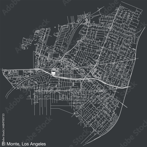 Detailed hand-drawn navigational urban street roads map of the CITY OF EL MONTE of the American LOS ANGELES CITY COUNCIL, UNITED STATES with vivid road lines and name tag on solid background