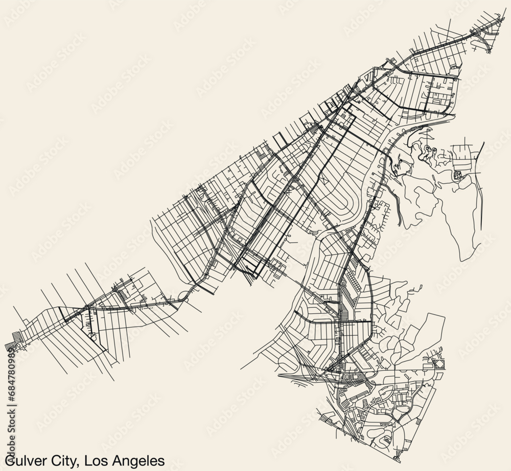 Fototapeta premium Detailed hand-drawn navigational urban street roads map of the CITY OF CULVER CITY of the American LOS ANGELES CITY COUNCIL, UNITED STATES with vivid road lines and name tag on solid background