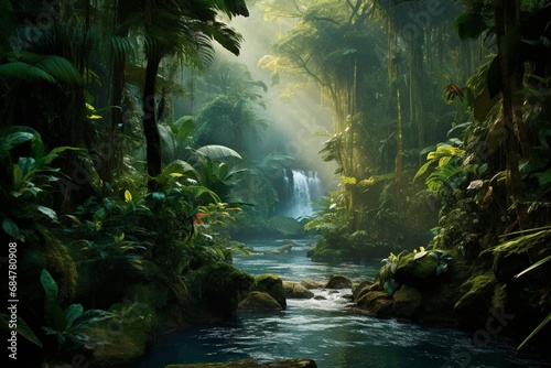 A dense and vibrant rainforest, filled with exotic flora and fauna, buzzing with the sounds of nature.
