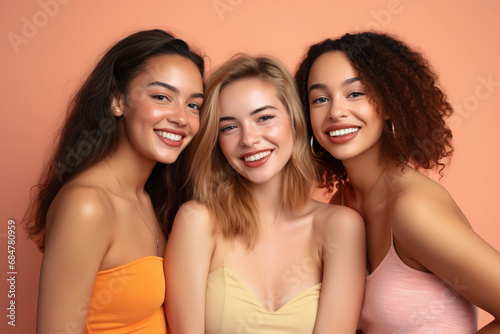 Happy women with different skin tones smiling at the camera in a studio 