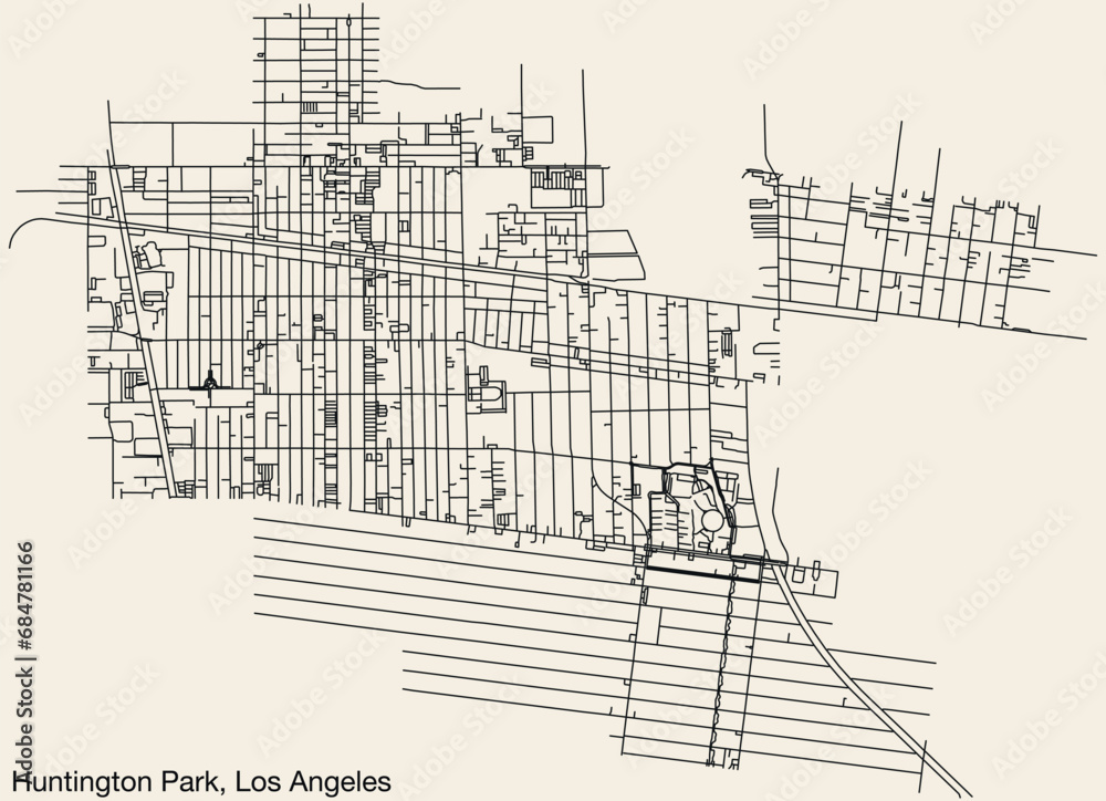 Detailed hand-drawn navigational urban street roads map of the CITY OF HUNTINGTON PARK of the American LOS ANGELES CITY COUNCIL, UNITED STATES with vivid road lines and name tag on solid background