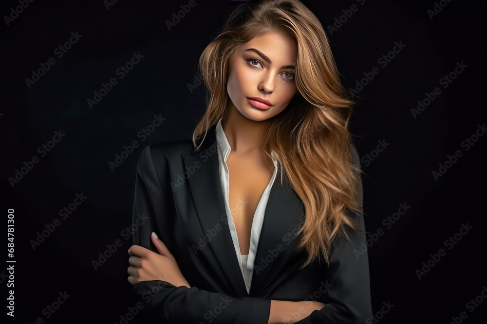 Portrait of a beautiful young woman in a business suit on a black background Portrait of a beautiful young woman in a business suit on a black background