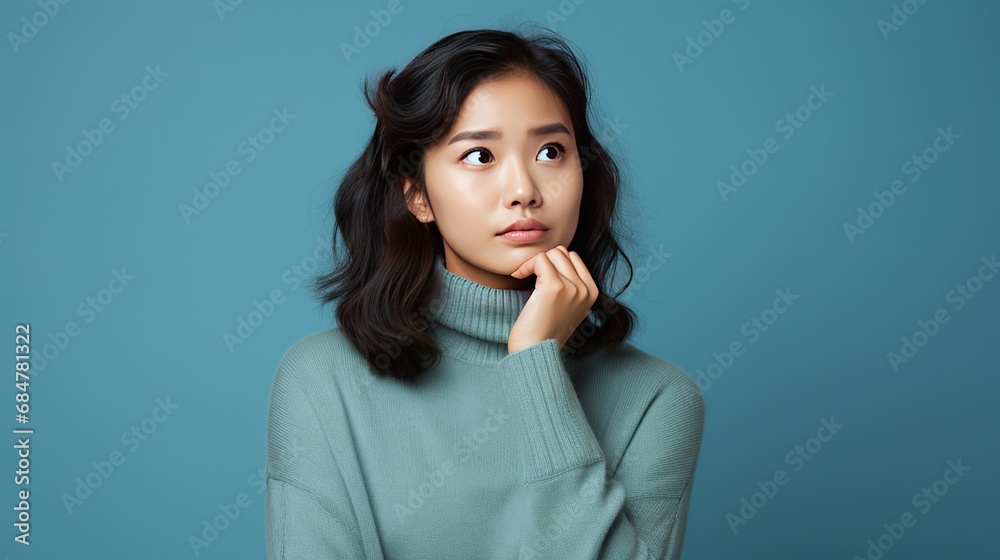 A picture of a serious Asian woman with dark hair is wearing a blue sweater and looking mysterious while resting her finger on her chin. She is standing in front of a brown wall A picture of a serious Asian woman with dark hair is wearing a blue sweater and looking mysterious while resting her finger on her chin. She is standing in front of a brown wall