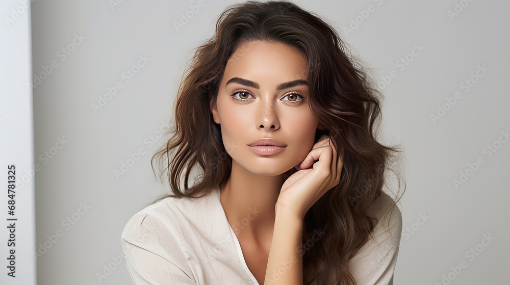 A picture of a woman thinking while she stands against a white background A picture of a woman thinking while she stands against a white background
