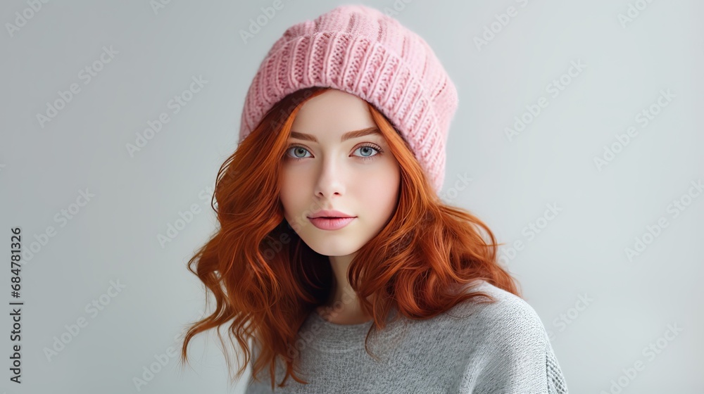 A picture of a serious woman with red hair, wearing a pink hat and a knitted sweater, looks thoughtfully to the side A picture of a serious woman with red hair, wearing a pink hat and a knitted sweater, looks thoughtfully to the side