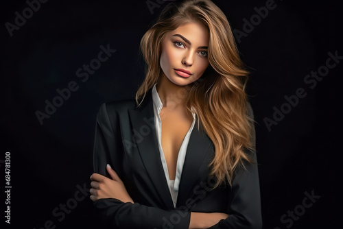 Portrait of a beautiful young woman in a business suit on a black background