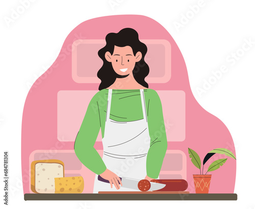 Person of different profession. Woman in apron at kitchen with vegetables. Food preparation and household chores. Template and layout. Cartoon flat vector illustration isolated on white background
