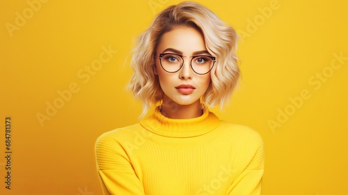 A pretty blonde woman in a casual outfit and round glasses looks serious and focused, with a blank space next to her for your advertisement