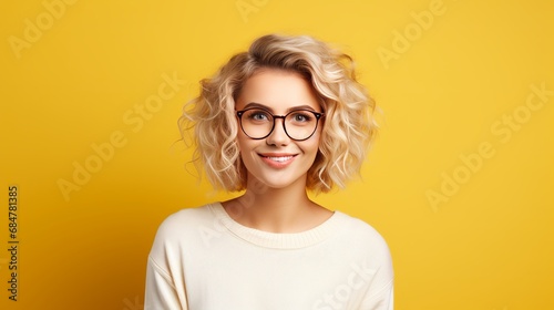 A pretty blonde woman in a casual outfit and round glasses looks serious and focused, with a blank space next to her for your advertisement