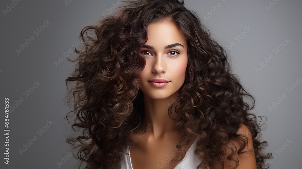 A pretty young woman with curly hair standing alone A pretty young woman with curly hair standing alone