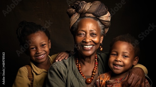 An elderly African American woman, looking at the camera with a smile, holding his grandchildren in