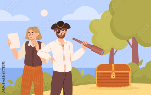 Pirates looking for treasure concept. Boy and man with telescope and map search chest with golden coins. Nautical adventure and trip. Fantasy and imagination. Cartoon flat vector illustration