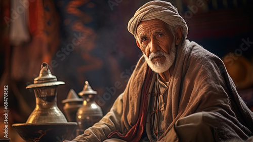 Arab grandfather sitting on the carpet in his traditional house