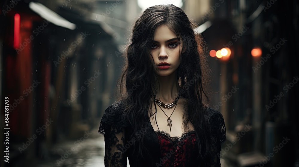 A girl in the style of a vampire on an old street A girl in the style of a vampire on an old street