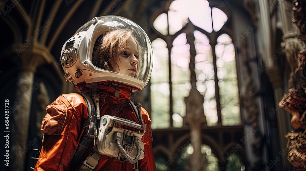 A girl in an astronaut costume in an old castle