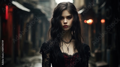 A girl in the style of a vampire on an old street