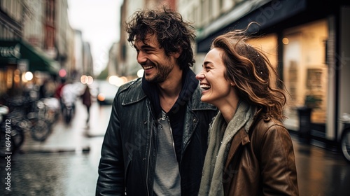 A couple walking along the city streets, with wet hair and laughter