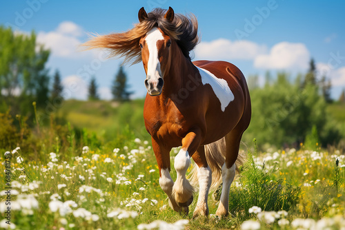 Beautiful well-groomed horse grazing in field on sunny day