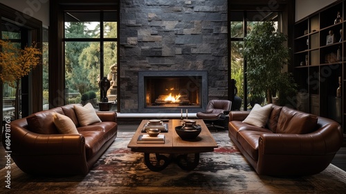 A living room with artificial fireplace cladding, leather chairs and carpet photo