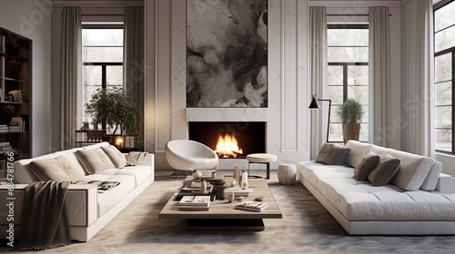 A living room with leather sofas, marble tables and a fireplace © JVLMediaUHD