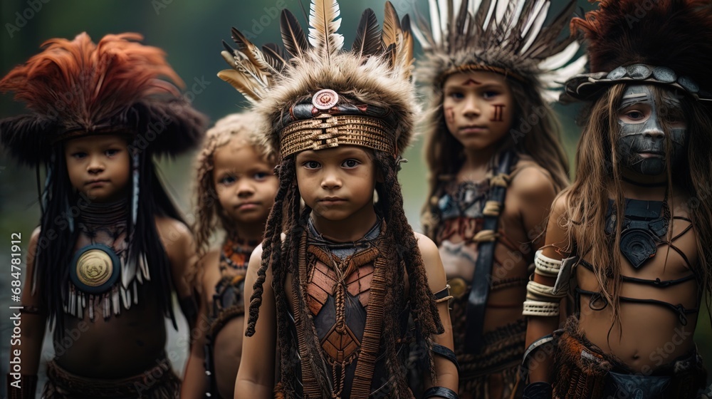 Children in the costumes of the Indians in a futuristic park