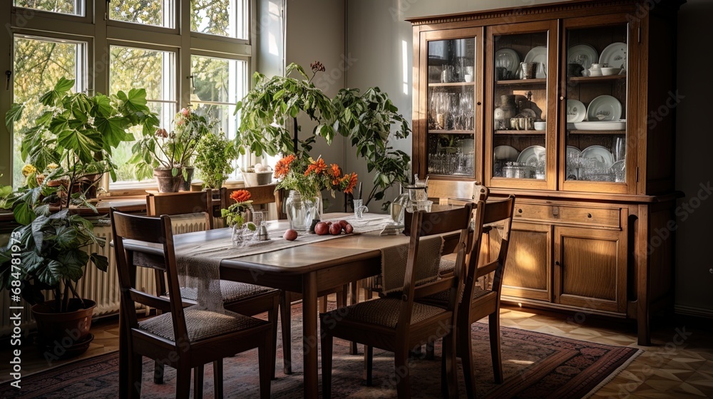 Dining room with an oak table, carpet and vintage dishes