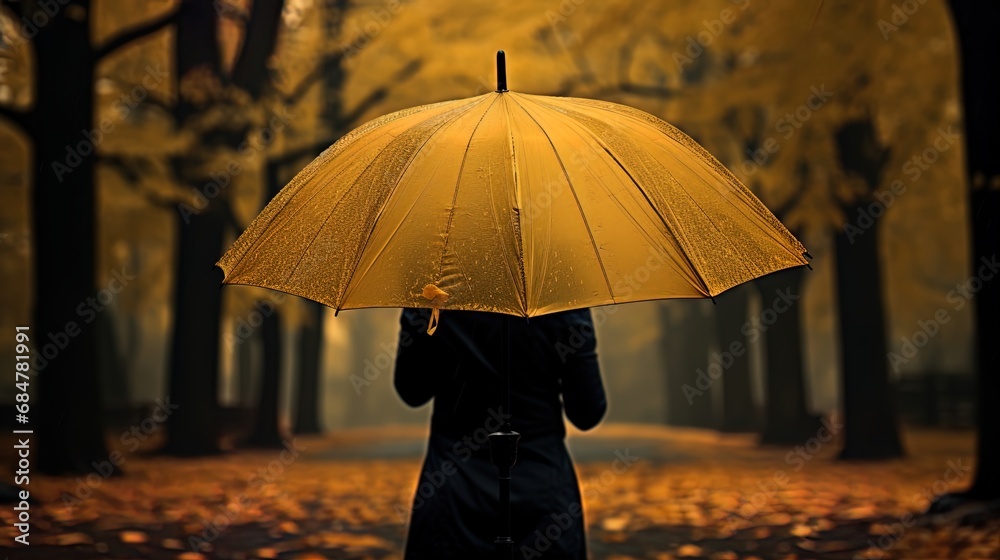 Hands holding an umbrella, secluded in a park, where rain drops knock on the leaves