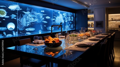 Dining room with smart countertops, heated dishes and projections on the walls