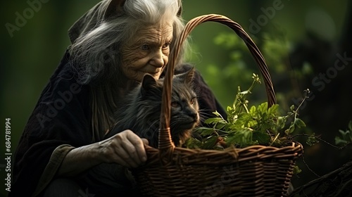 Grandma with a wicker cat, collecting berries in the forest photo