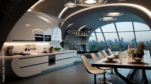 Futuristic cuisine with integrated equipment, glass facades and glossy surfaces © JVLMediaUHD