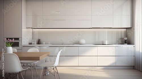 Minimalism is a kitchen with glossy white cabinets  glass elements and minimalistic equipment