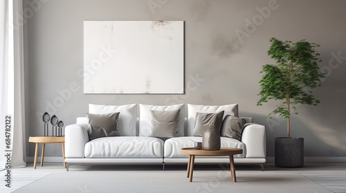 Minimalism of the living room with a gray sofa, white pillows and clean furniture lines