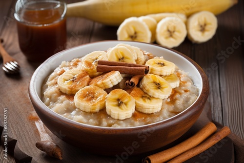 A bowl of warm oatmeal with a dollop of honey, sliced bananas, and a sprinkle of cinnamon.