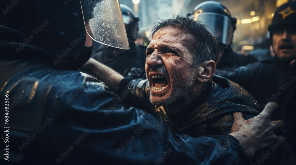 capturing the tumultuous clash between riot police and protesters - obrazy, fototapety, plakaty 