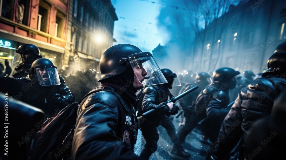 capturing the tumultuous clash between riot police and protesters