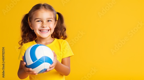 A young white woman is playing volleyball by herself on a yellow background. She is pointing to her head with her finger, looking like she is thinking hard and focused on what she is doing