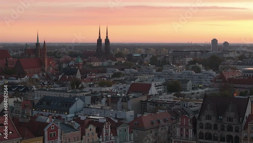 Scenic Aerial View Sunrise or Sunset at Wroclaw Old Town rooftops 