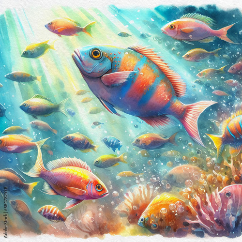 Bright fish swim in a school. Sea bottom. Watercolor illustration. Karaly. Aquarium with small beautiful fish. Sunlight in water.