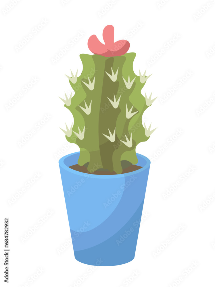 Cacti in flower pot. Tropical and exotic plant in ceramic blue vase. Gardening and botany, horticulture. Graphic element for website. Cartoon flat vector illustration isolated on white background