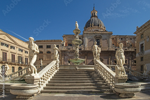 In the heart of Palermo's loveliest square, Piazza Pretoria, stands this magnificent fountain, Fontana Pretoria, work of the Florentine sculptor Francesco Camilliani. Palermo, Sicily, Italy. photo