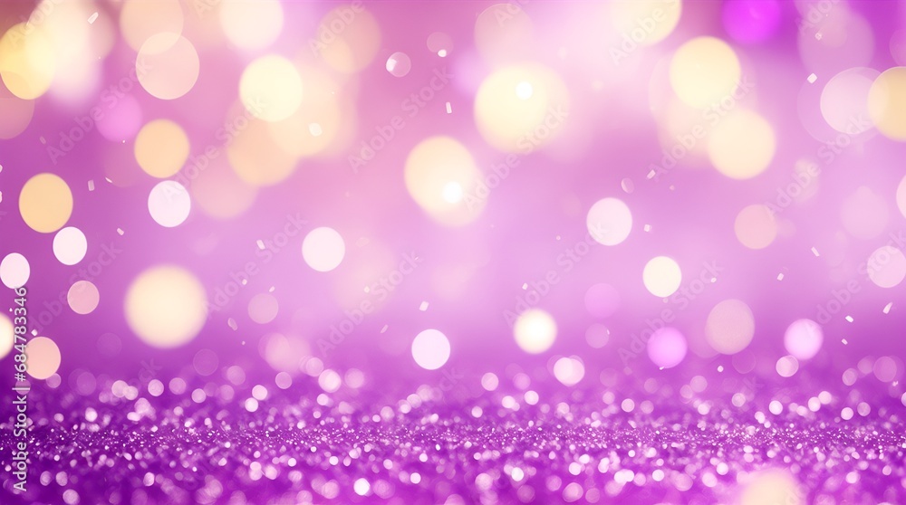 Abstract background with chartreuse Purple blurred bokeh. Lights that glitter and dazzle. Soft antique blurred card with a banner.