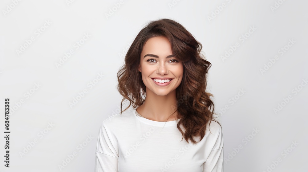 Grinning meditative lady having an thought, grinning tricky feeling interested, standing on white divider Grinning meditative lady having an thought, grinning tricky feeling interested, standing on white divider