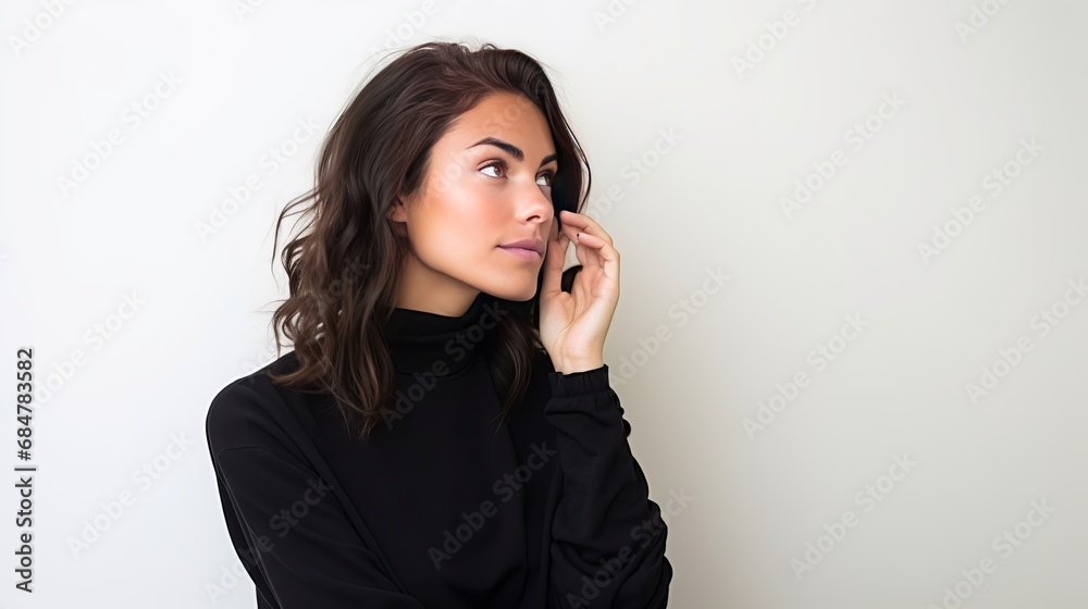 Let me think mindful youthful lady arranging something looking at upper cleared out corner and considering imaging things on purge space white background Let me think mindful youthful lady arranging something looking at upper cleared out corner and considering imaging things on purge space white background