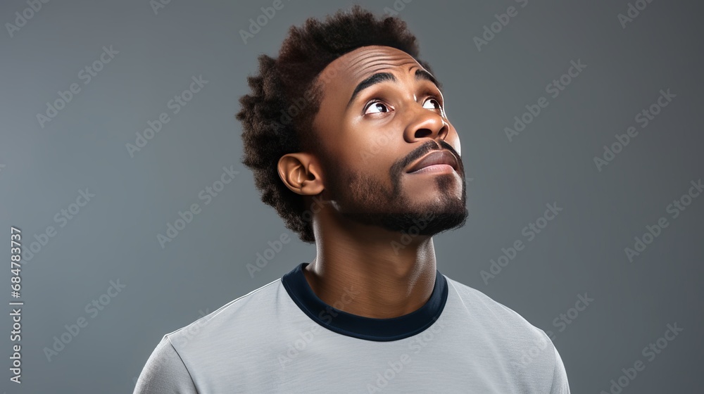 Meditative and uncertain, thoughtful african-american man, touching beard, scowling and looking up Meditative and uncertain, thoughtful african-american man, touching beard, scowling and looking up