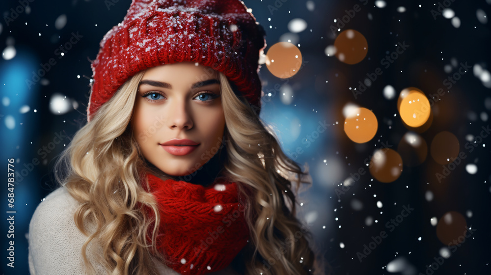 Beautiful woman wearing a red Santa hat is standing against a bokeh light background. He is smiling and looking at the camera. Beautiful woman wearing a red Santa hat is standing against a bokeh light background. He is smiling and looking at the camera.