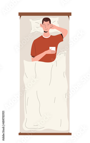 Person sleeping top view. Man in red sweater at bed. Rest and relax at night. Recuperation and dream. Social media sticker. Cartoon flat vector illustration isolated on white background