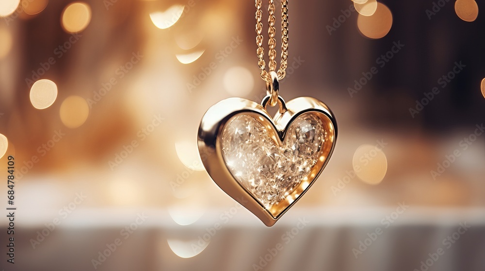 Pendant with a jewel within the shape of a brilliant shimmering heart on a light background - obrazy, fototapety, plakaty 