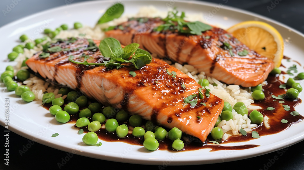Salmon with Rice and Peas on a Plate

