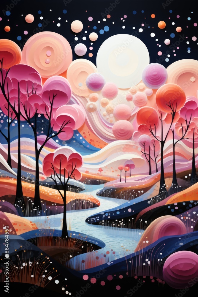 Obraz premium A painting of a landscape with trees and a river.